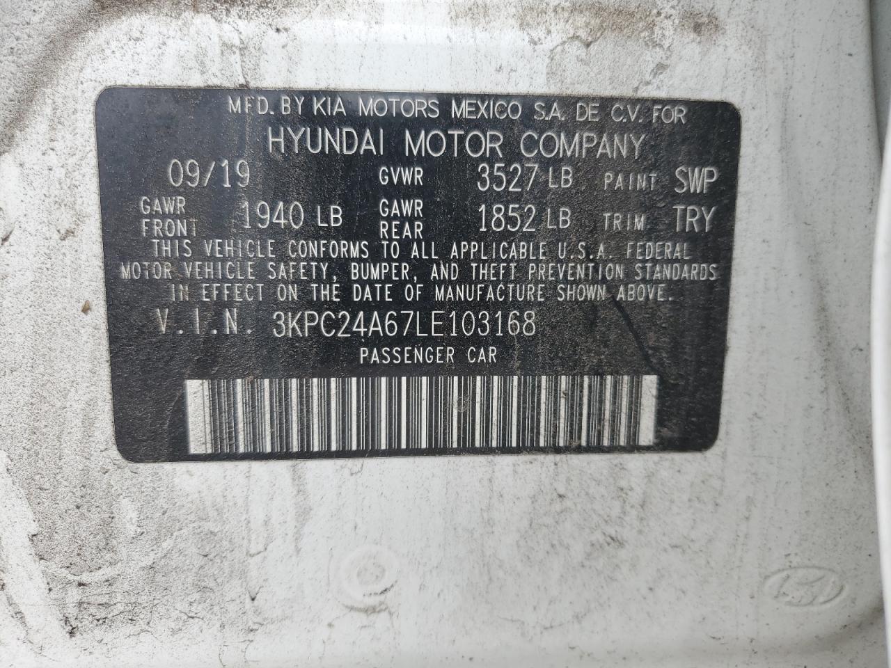 2020 Hyundai Accent Se VIN: 3KPC24A67LE103168 Lot: 63396665