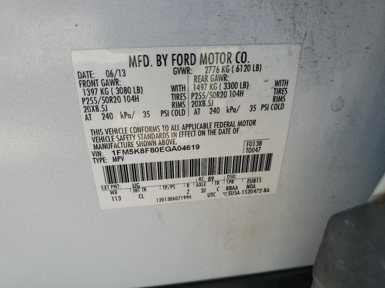 2014 Ford Explorer Limited VIN: 1FM5K8F80EGA04619 Lot: 65166415