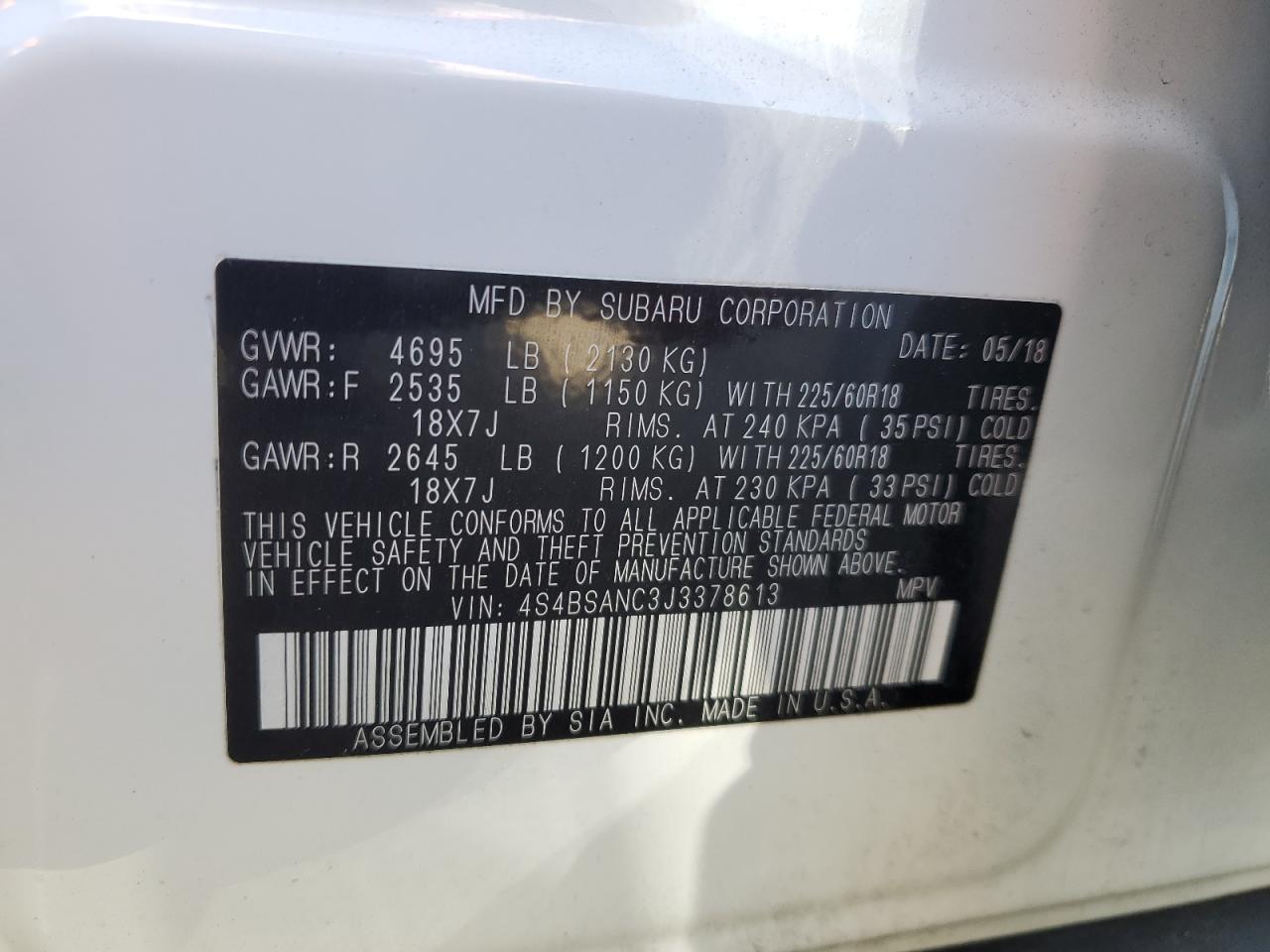 2018 Subaru Outback 2.5I Limited VIN: 4S4BSANC3J3378613 Lot: 64458415