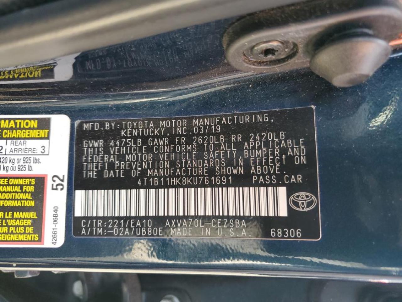 2019 Toyota Camry L VIN: 4T1B11HK8KU761691 Lot: 65999015