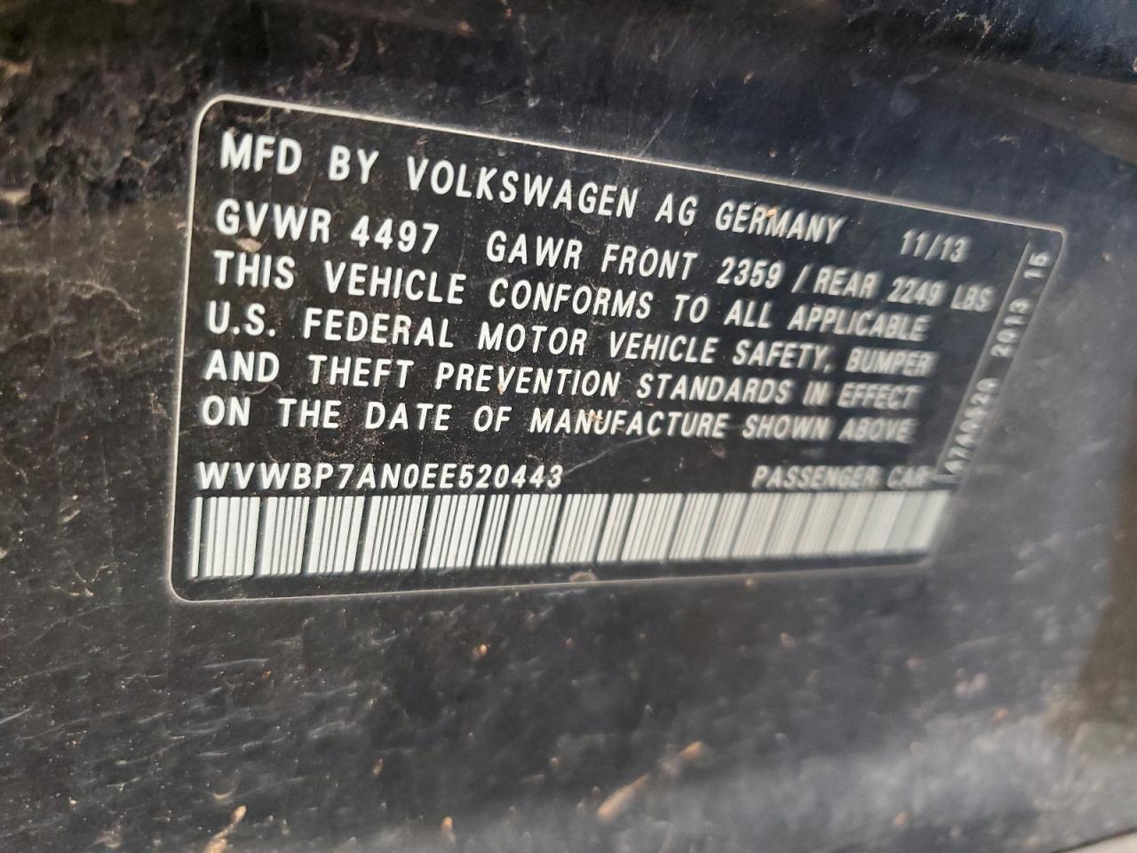 2014 Volkswagen Cc Sport VIN: WVWBP7AN0EE520443 Lot: 62669115