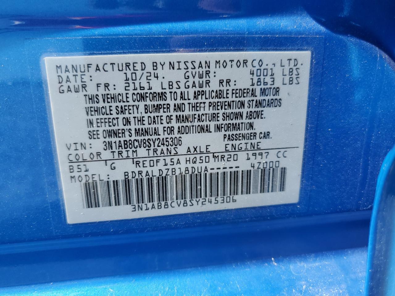 2025 Nissan Sentra Sv VIN: 3N1AB8CV8SY245306 Lot: 65001145