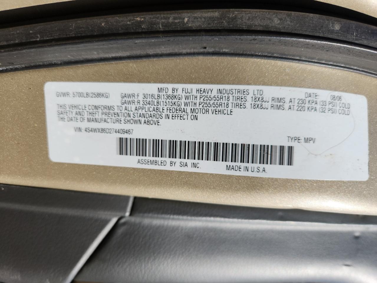 2007 Subaru B9 Tribeca 3.0 H6 VIN: 4S4WX86D274409467 Lot: 63211715