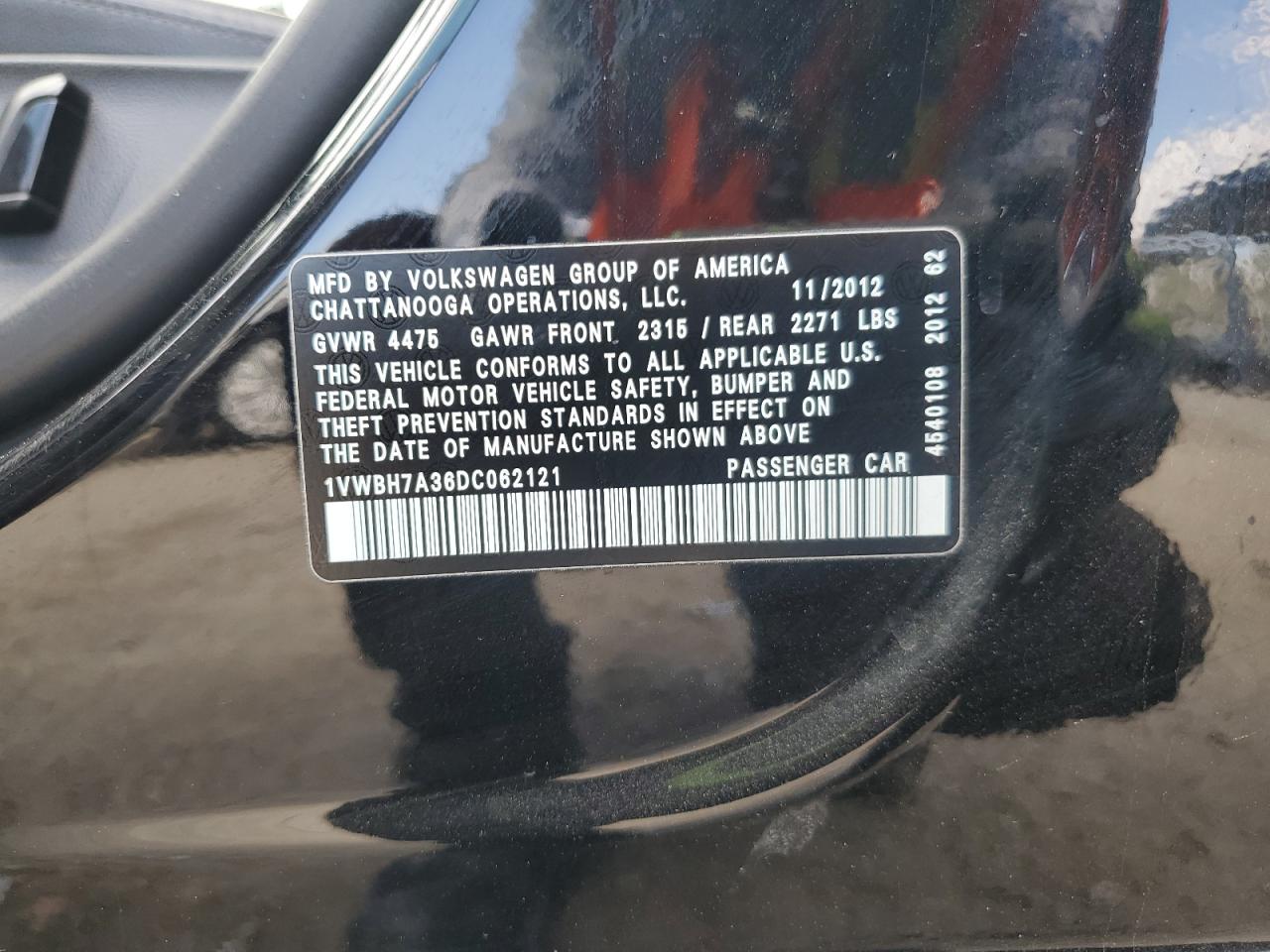 2013 Volkswagen Passat Se VIN: 1VWBH7A36DC062121 Lot: 63280065