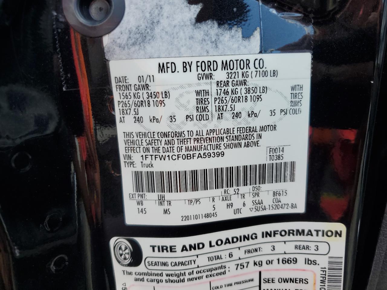 2011 Ford F150 Supercrew VIN: 1FTFW1CF0BFA59399 Lot: 64931385