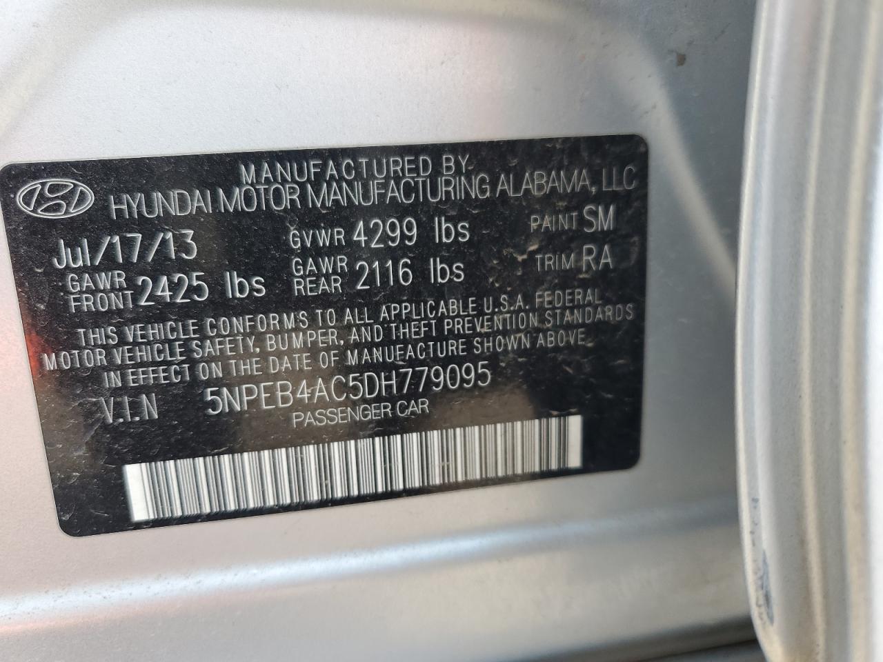 2013 Hyundai Sonata Gls VIN: 5NPEB4AC5DH779095 Lot: 52182725