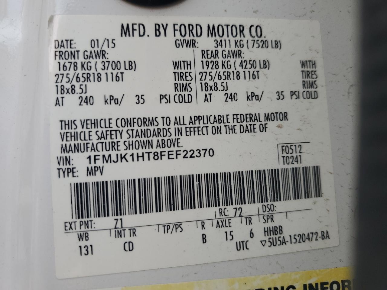 2015 Ford Expedition El Xlt VIN: 1FMJK1HT8FEF22370 Lot: 64073905