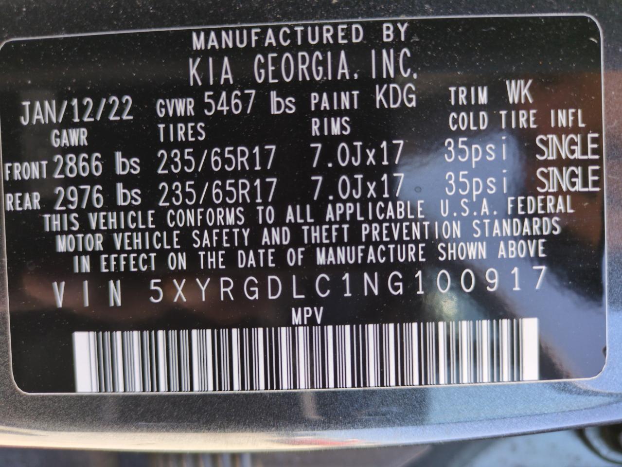 2022 Kia Sorento Lx VIN: 5XYRGDLC1NG100917 Lot: 64144525