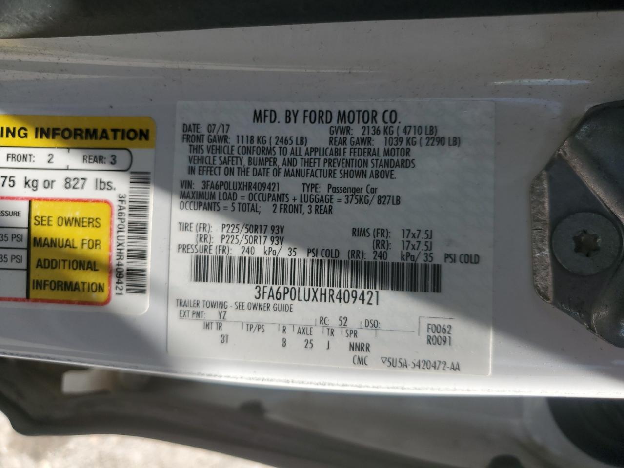 2017 Ford Fusion Se Hybrid VIN: 3FA6P0LUXHR409421 Lot: 66077275