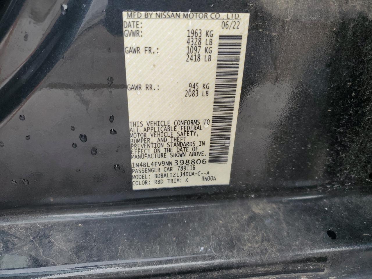 2022 Nissan Altima Sl VIN: 1N4BL4EV9NN398806 Lot: 65506185