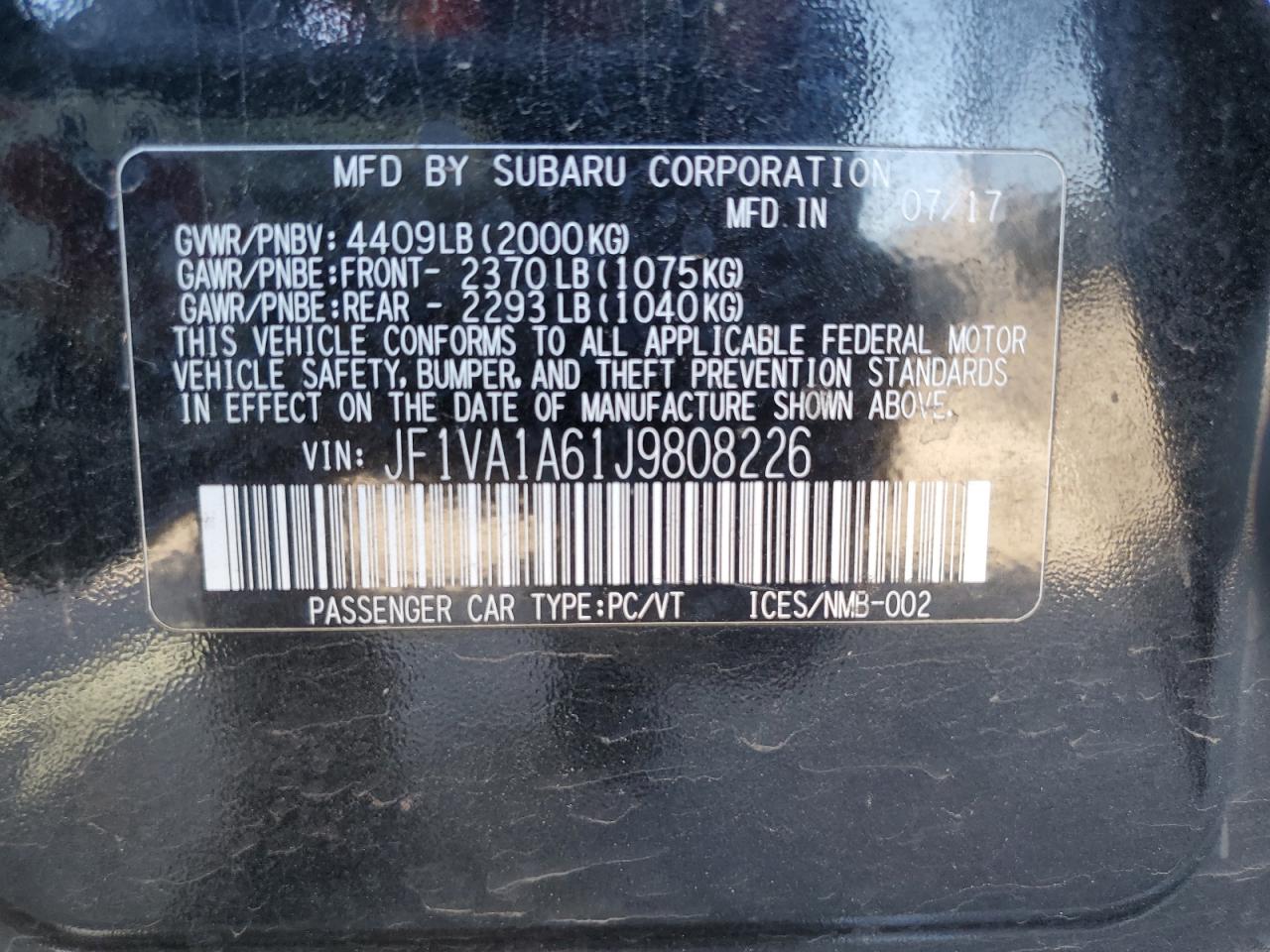 2018 Subaru Wrx VIN: JF1VA1A61J9808226 Lot: 62919415