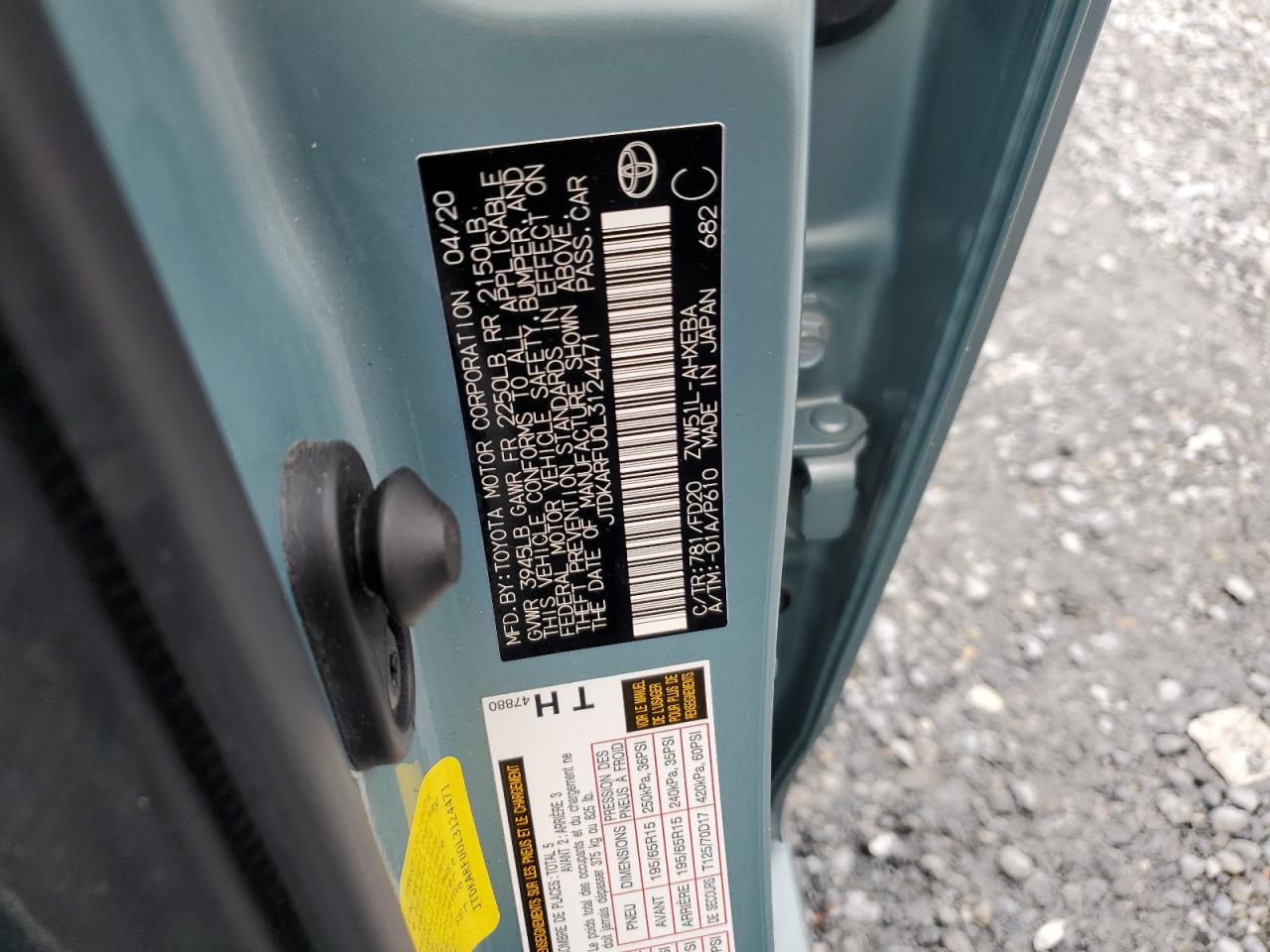 2020 Toyota Prius L VIN: JTDKARFU0L3124471 Lot: 63648965