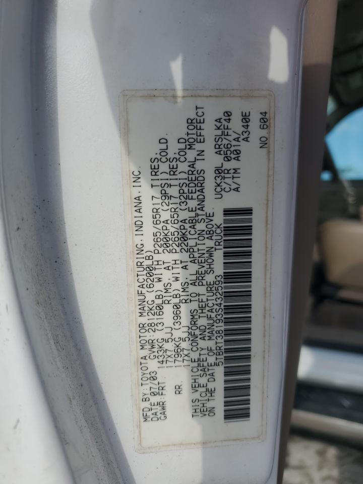 2003 Toyota Tundra Access Cab Limited VIN: 5TBRT38193S432593 Lot: 63636495