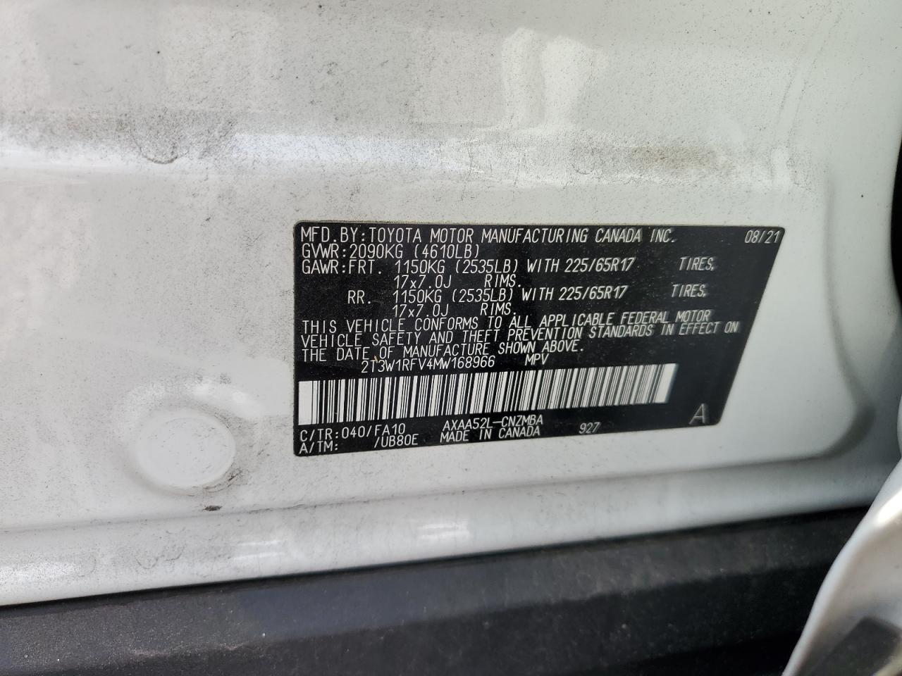 2021 Toyota Rav4 Xle VIN: 2T3W1RFV4MW168966 Lot: 64469395