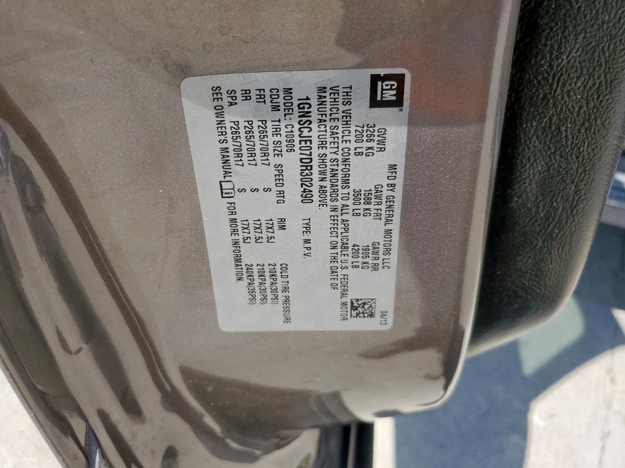 2013 Chevrolet Suburban C1500 Lt VIN: 1GNSCJE07DR302490 Lot: 64021495