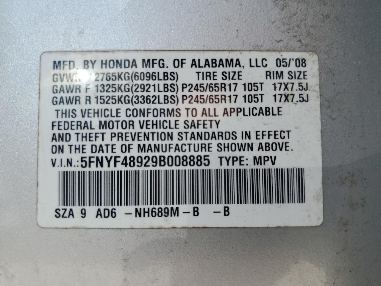 2009 Honda Pilot Touring VIN: 5FNYF48929B008885 Lot: 64197785