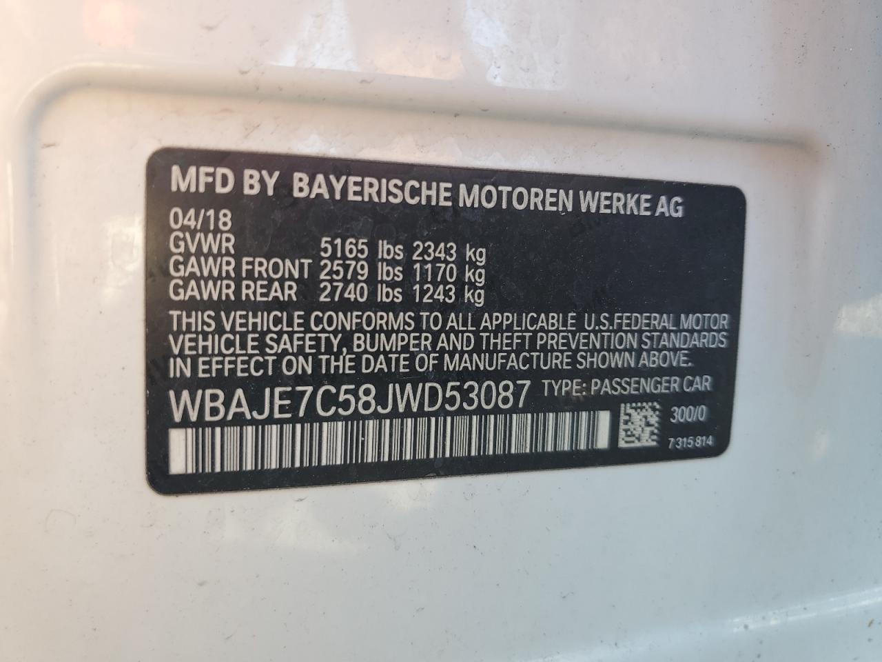2018 BMW 540 Xi VIN: WBAJE7C58JWD53087 Lot: 66130335
