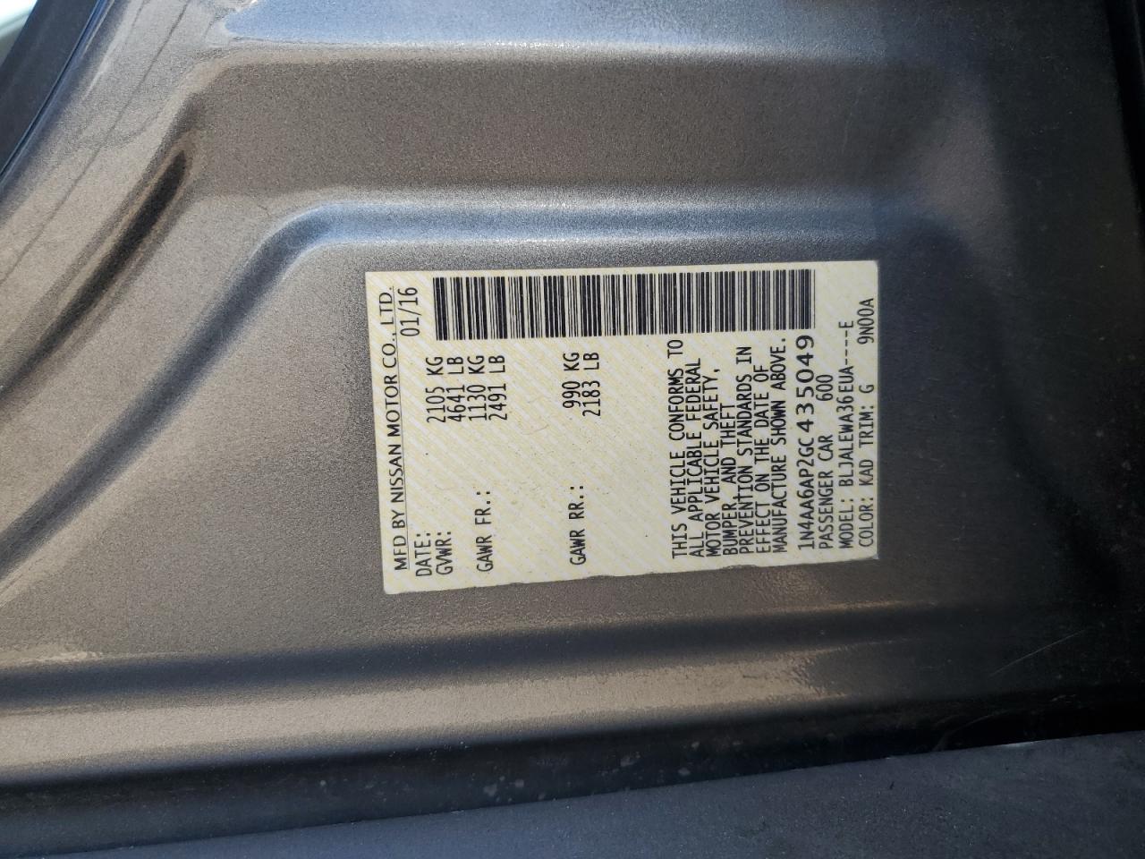 2016 Nissan Maxima 3.5S VIN: 1N4AA6AP2GC435049 Lot: 64316945