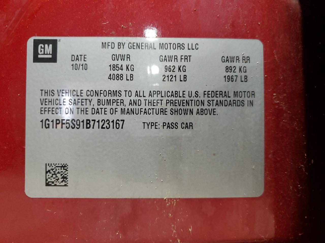 2011 Chevrolet Cruze Lt VIN: 1G1PF5S91B7123167 Lot: 65025625