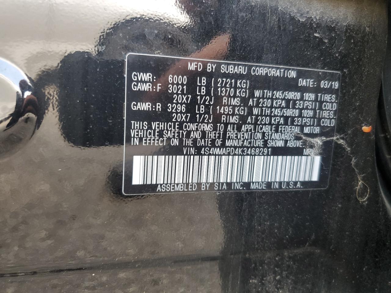 2019 Subaru Ascent Limited VIN: 4S4WMAPD4K3468291 Lot: 65118705