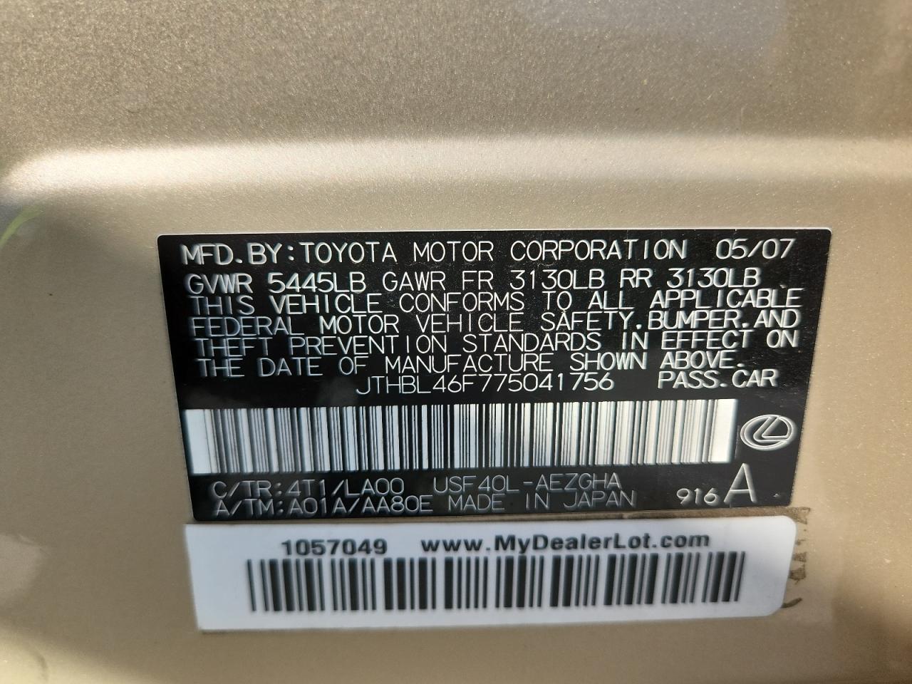 2007 Lexus Ls 460 VIN: JTHBL46F775041756 Lot: 63213315