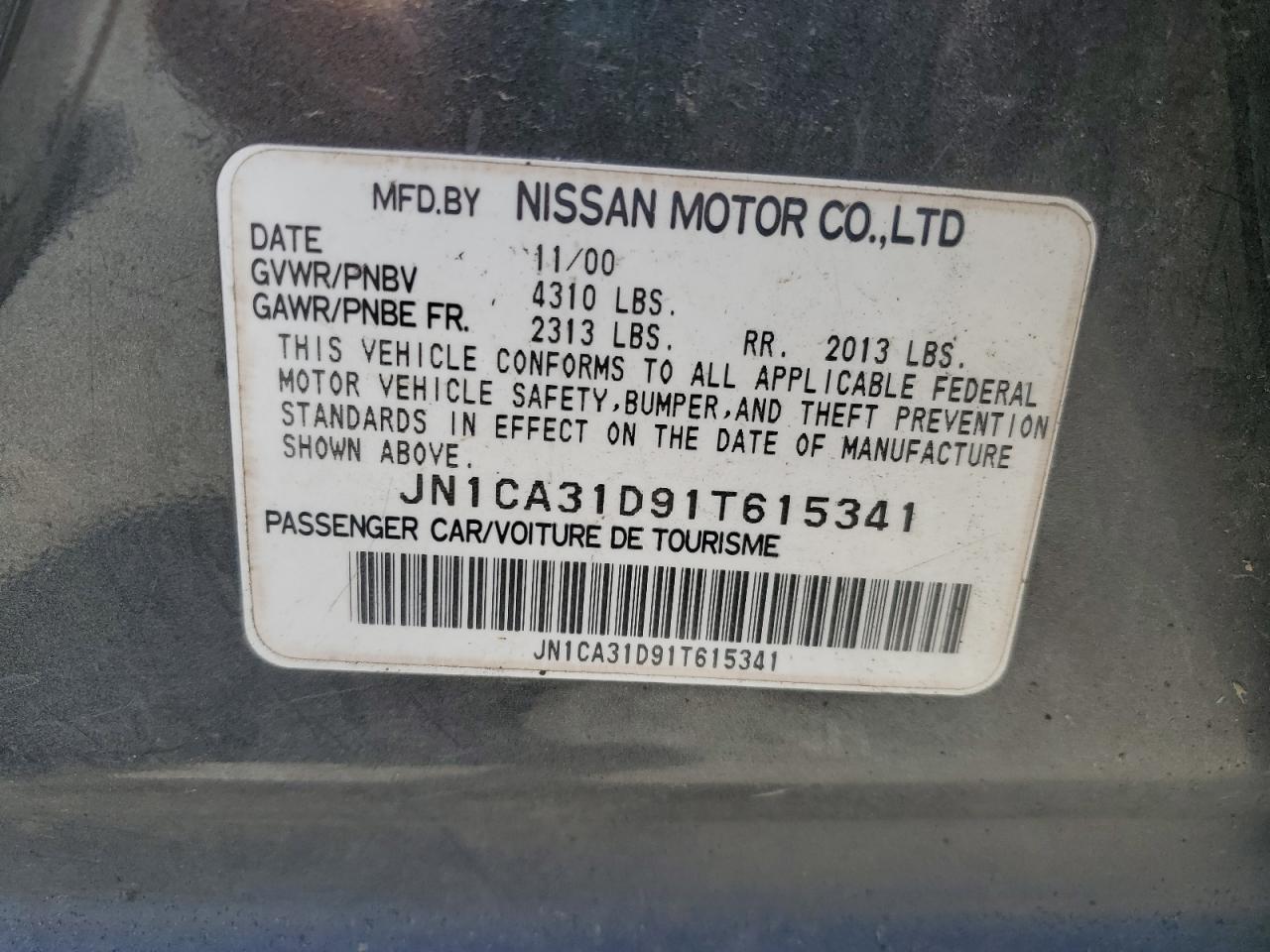 2001 Nissan Maxima Gxe VIN: JN1CA31D91T615341 Lot: 63413935