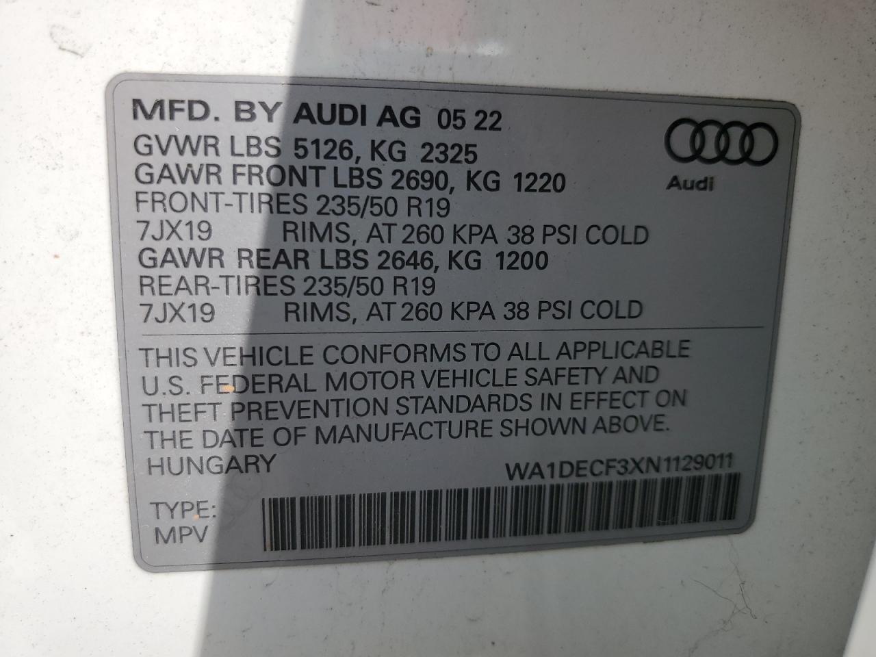 2022 Audi Q3 Premium S Line 45 VIN: WA1DECF3XN1129011 Lot: 64401435