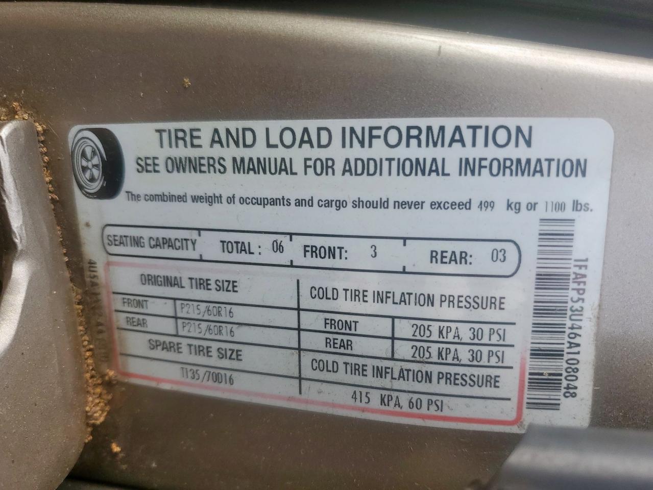 2006 Ford Taurus Se VIN: 1FAFP53U46A108048 Lot: 64521065