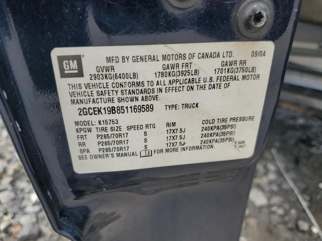 2005 Chevrolet Silverado K1500 VIN: 2GCEK19B851169589 Lot: 62425245