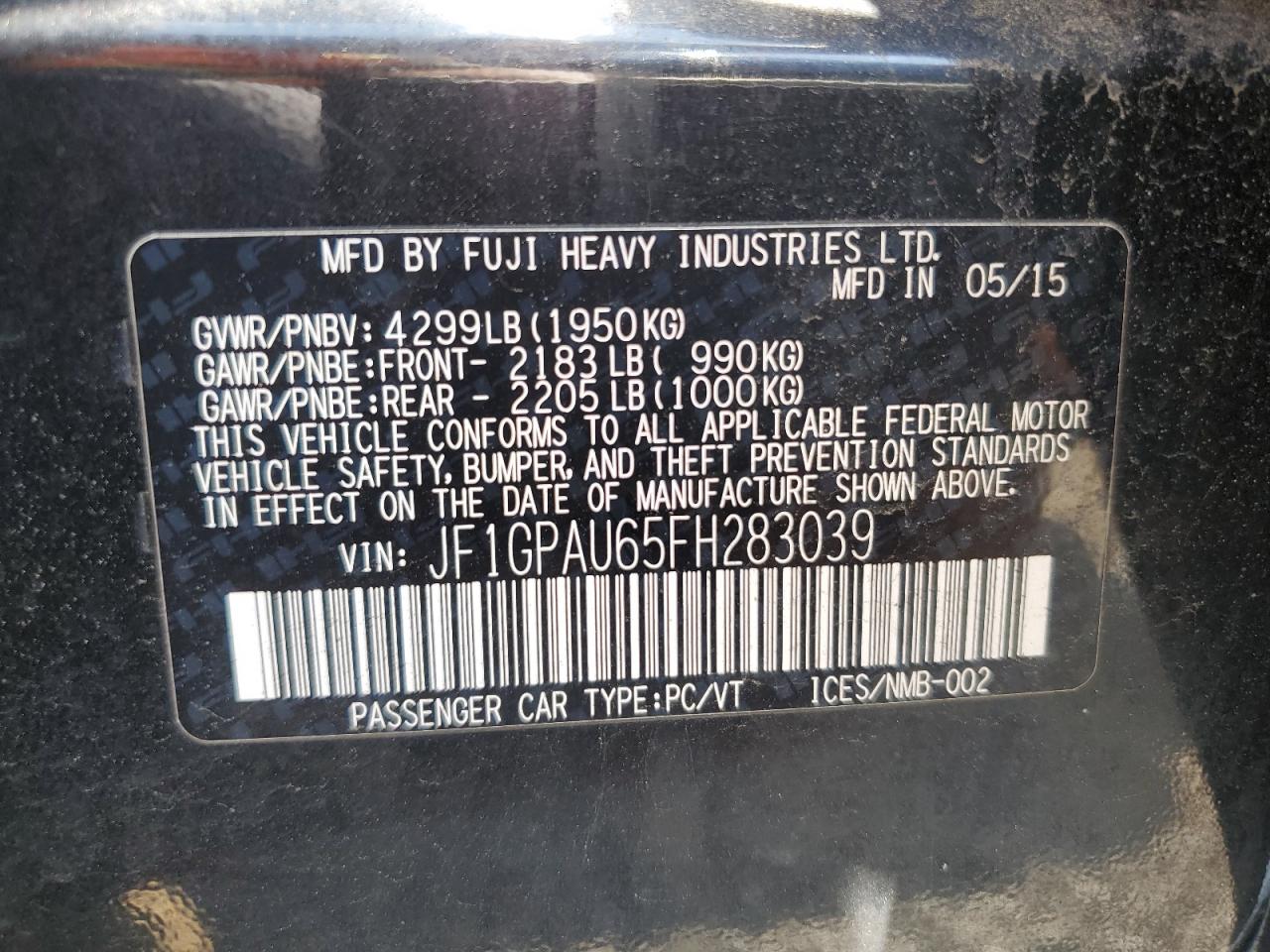 2015 Subaru Impreza Sport VIN: JF1GPAU65FH283039 Lot: 65001975