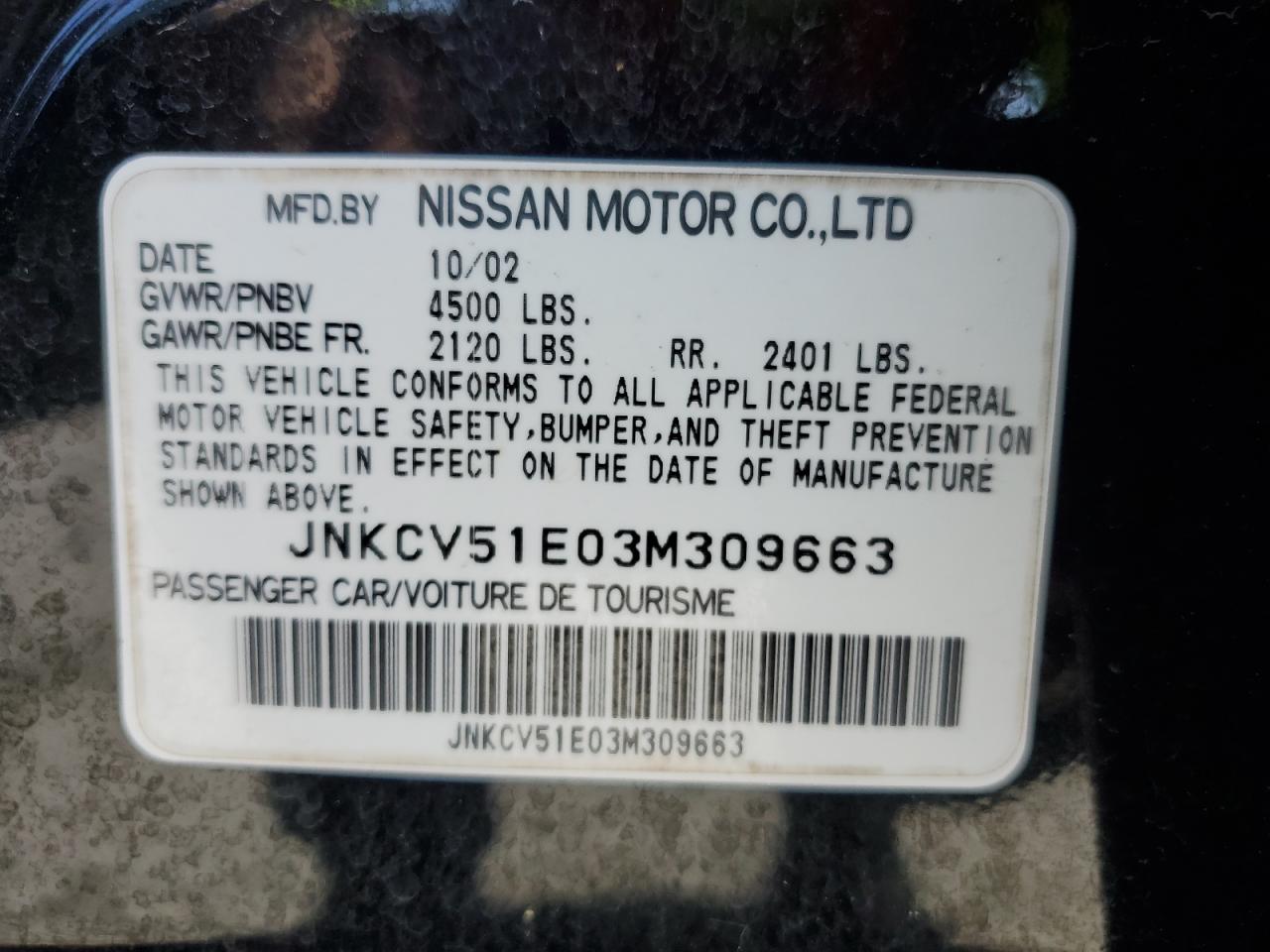 2003 Infiniti G35 VIN: JNKCV51E03M309663 Lot: 65502635