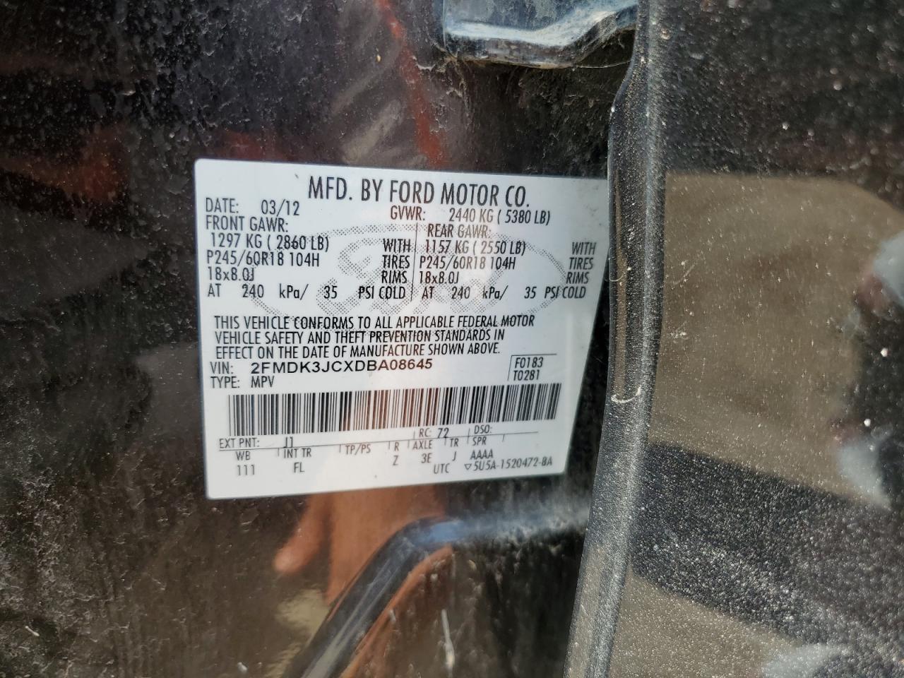 2013 Ford Edge Sel VIN: 2FMDK3JCXDBA08645 Lot: 65045345