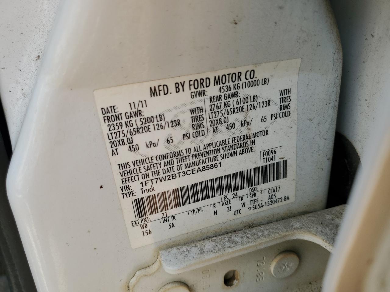 2012 Ford F250 Super Duty VIN: 1FT7W2BT3CEA85861 Lot: 65587195