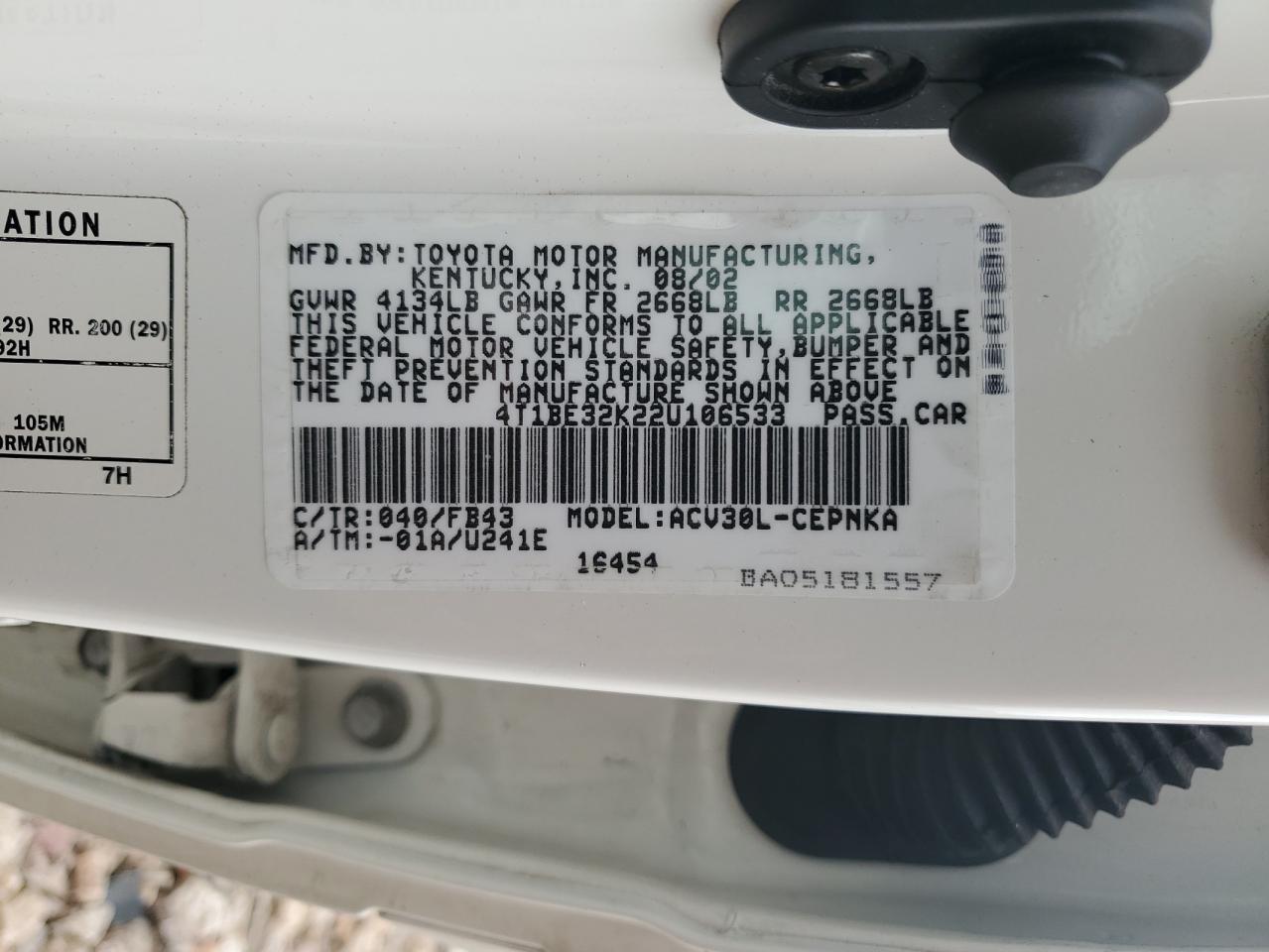 2002 Toyota Camry Le VIN: 4T1BE32K22U106533 Lot: 64502205