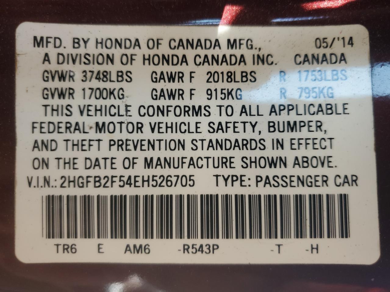2014 Honda Civic Lx VIN: 2HGFB2F54EH526705 Lot: 64653625