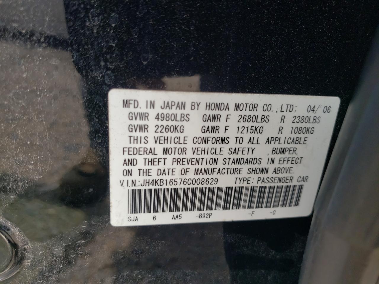 jh4kb16576c008629 JH4KB16576C008629 2006 Acura Rl
