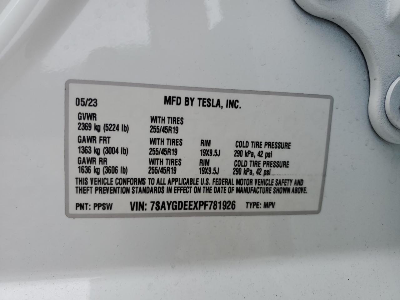 2023 Tesla Model Y VIN: 7SAYGDEEXPF781926 Lot: 66713275
