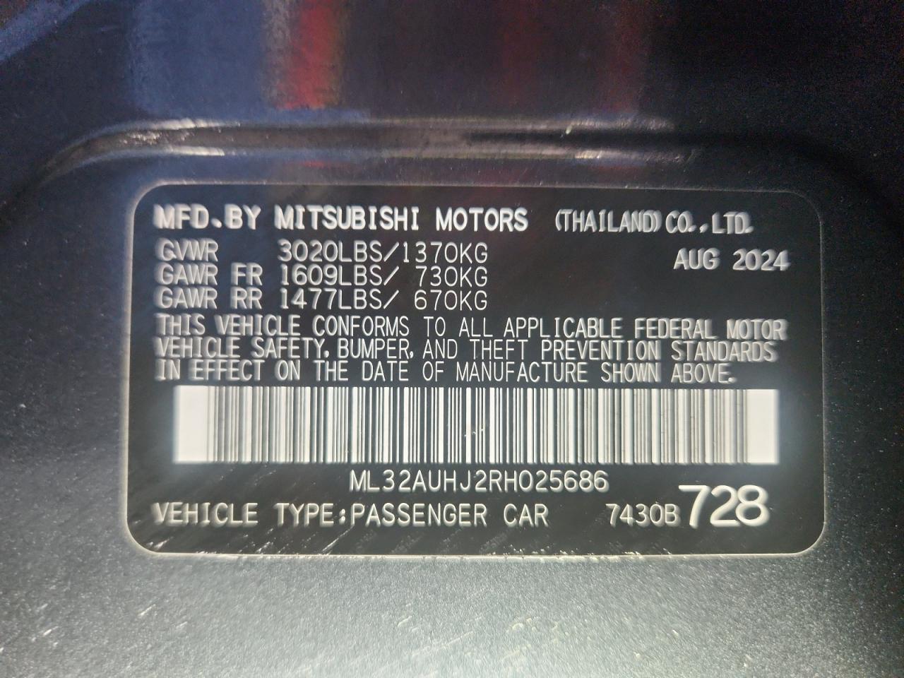 2024 Mitsubishi Mirage Es VIN: ML32AUHJ2RH025686 Lot: 65150695
