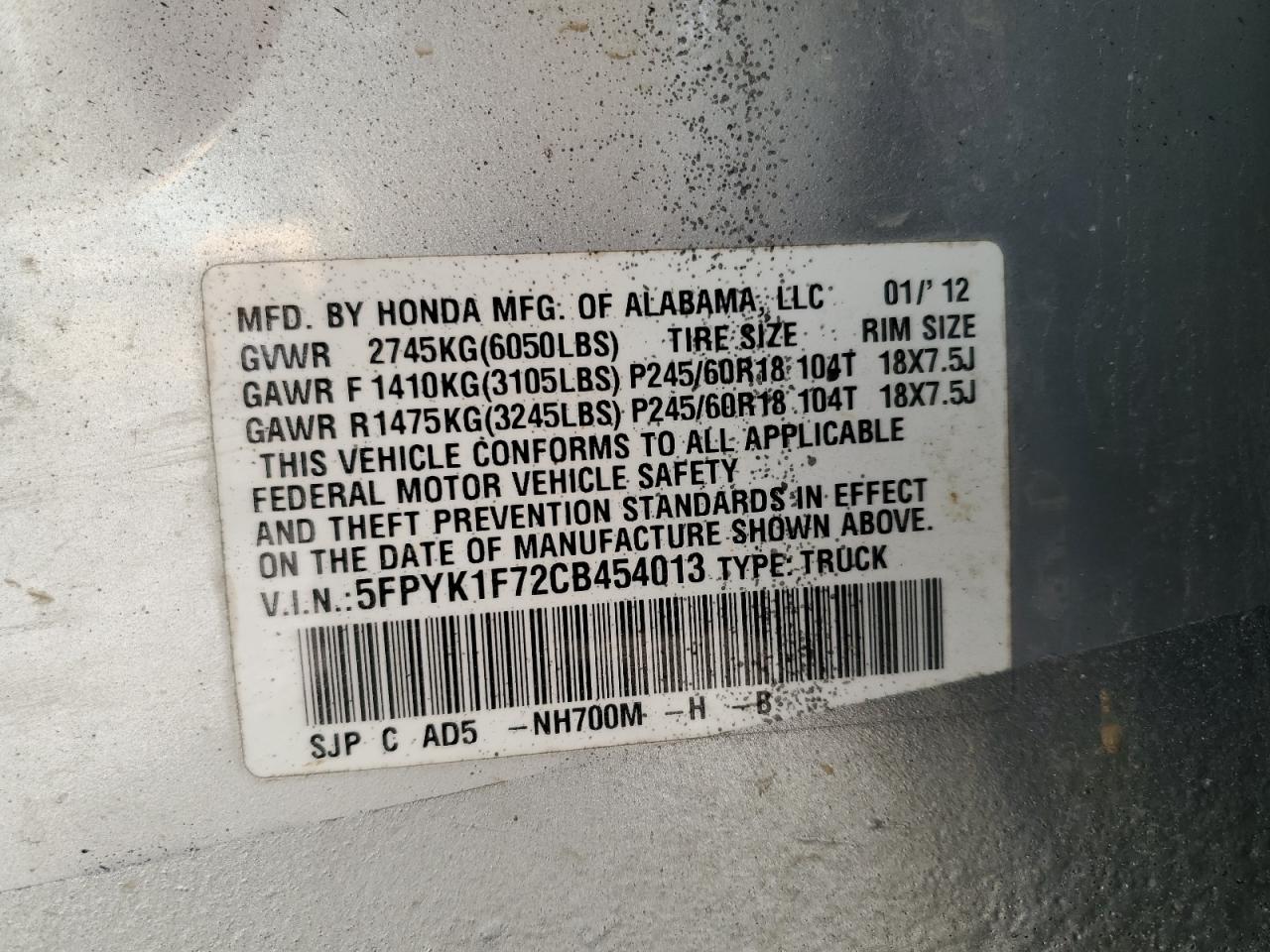 2012 Honda Ridgeline Sport VIN: 5FPYK1F72CB454013 Lot: 65647175