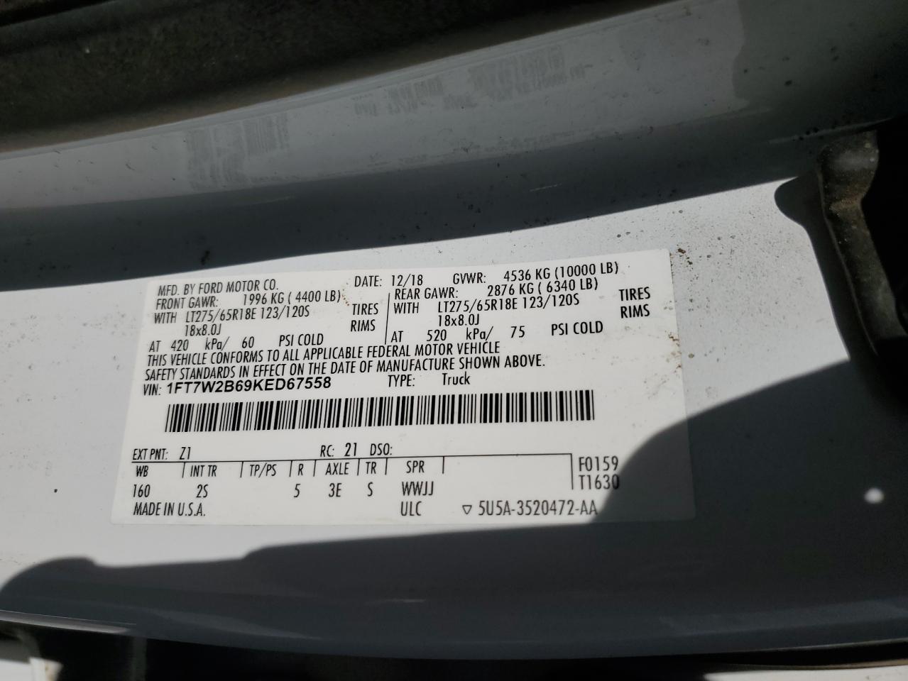 2019 Ford F250 Super Duty VIN: 1FT7W2B69KED67558 Lot: 62776435