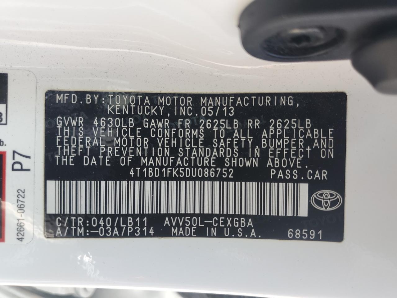 2013 Toyota Camry Hybrid VIN: 4T1BD1FK5DU086752 Lot: 65481425