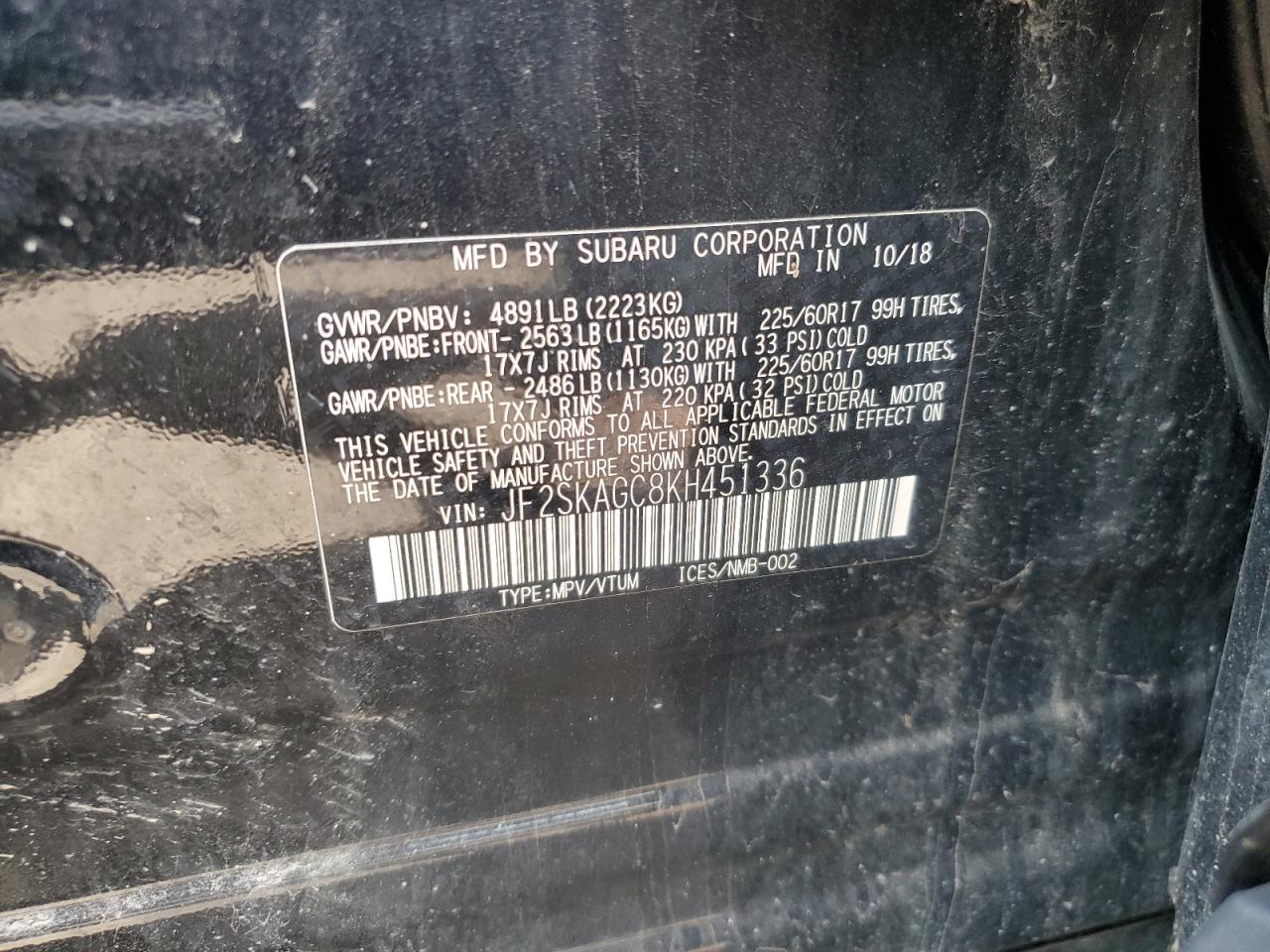 2019 Subaru Forester Premium VIN: JF2SKAGC8KH451336 Lot: 65504575