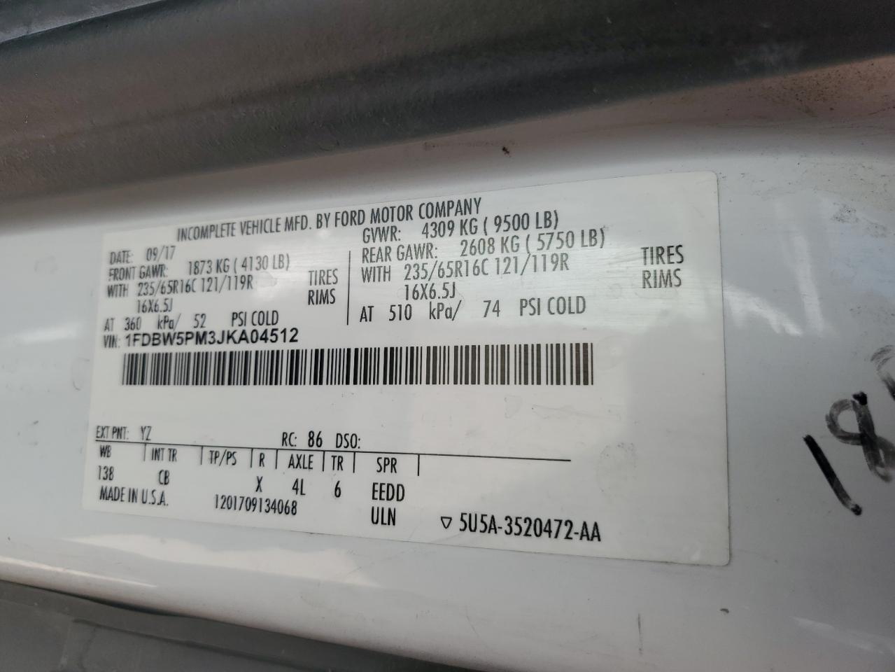 2018 Ford Transit T-350 VIN: 1FDBW5PM3JKA04512 Lot: 64128715