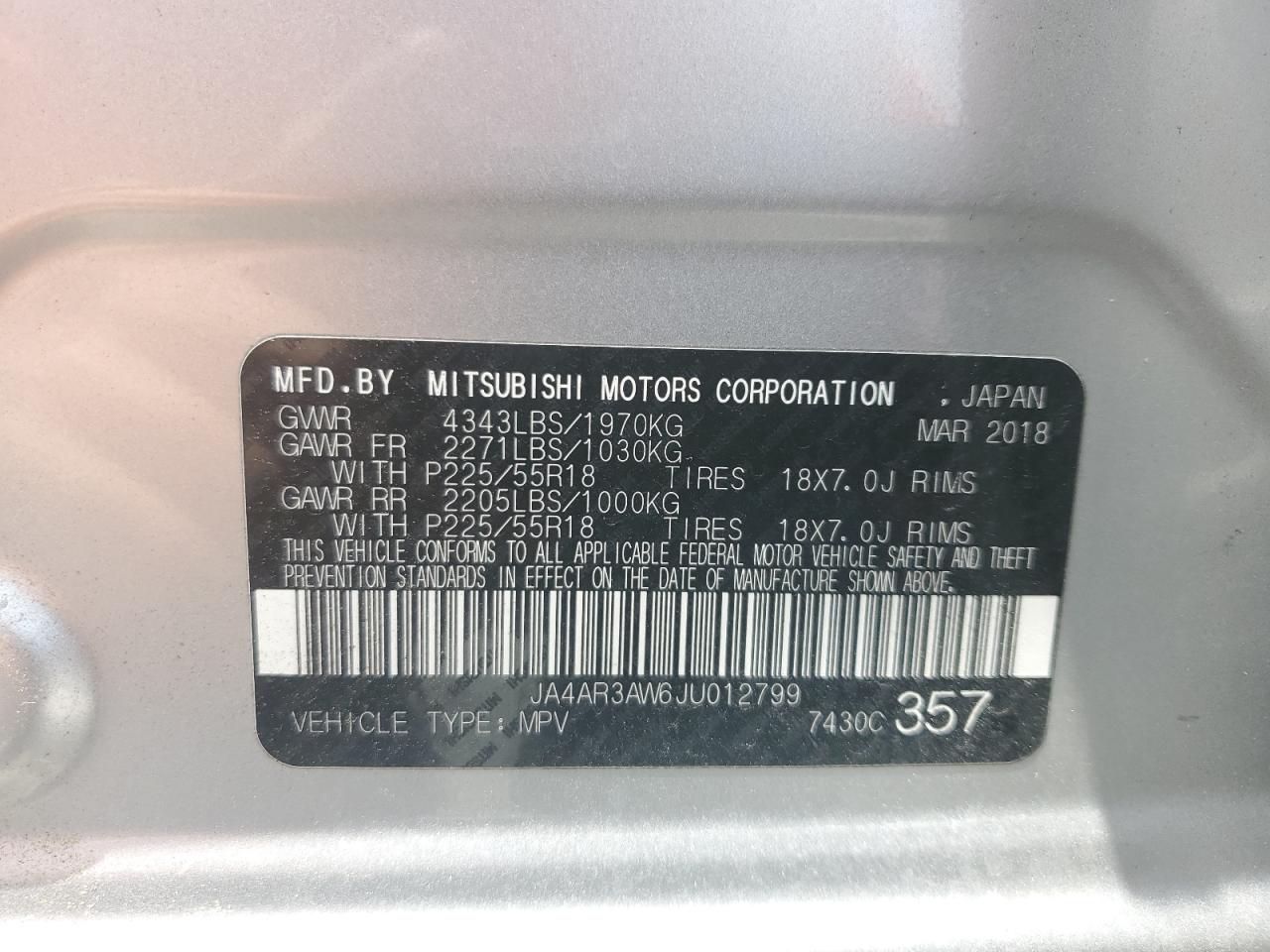 2018 Mitsubishi Outlander Sport Es VIN: JA4AR3AW6JU012799 Lot: 62988455