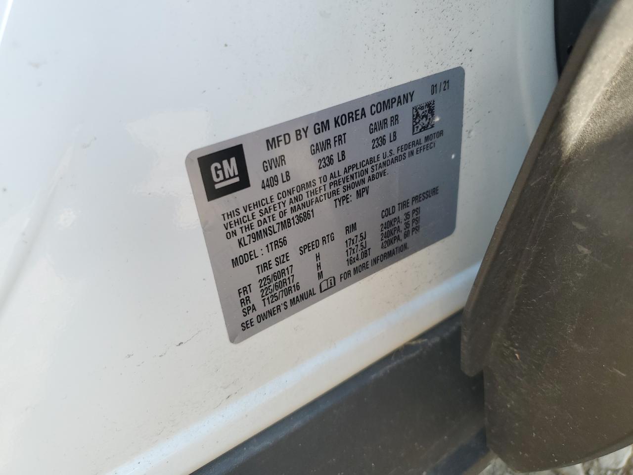 2021 Chevrolet Trailblazer Ls VIN: KL79MNSL7MB136861 Lot: 63011545