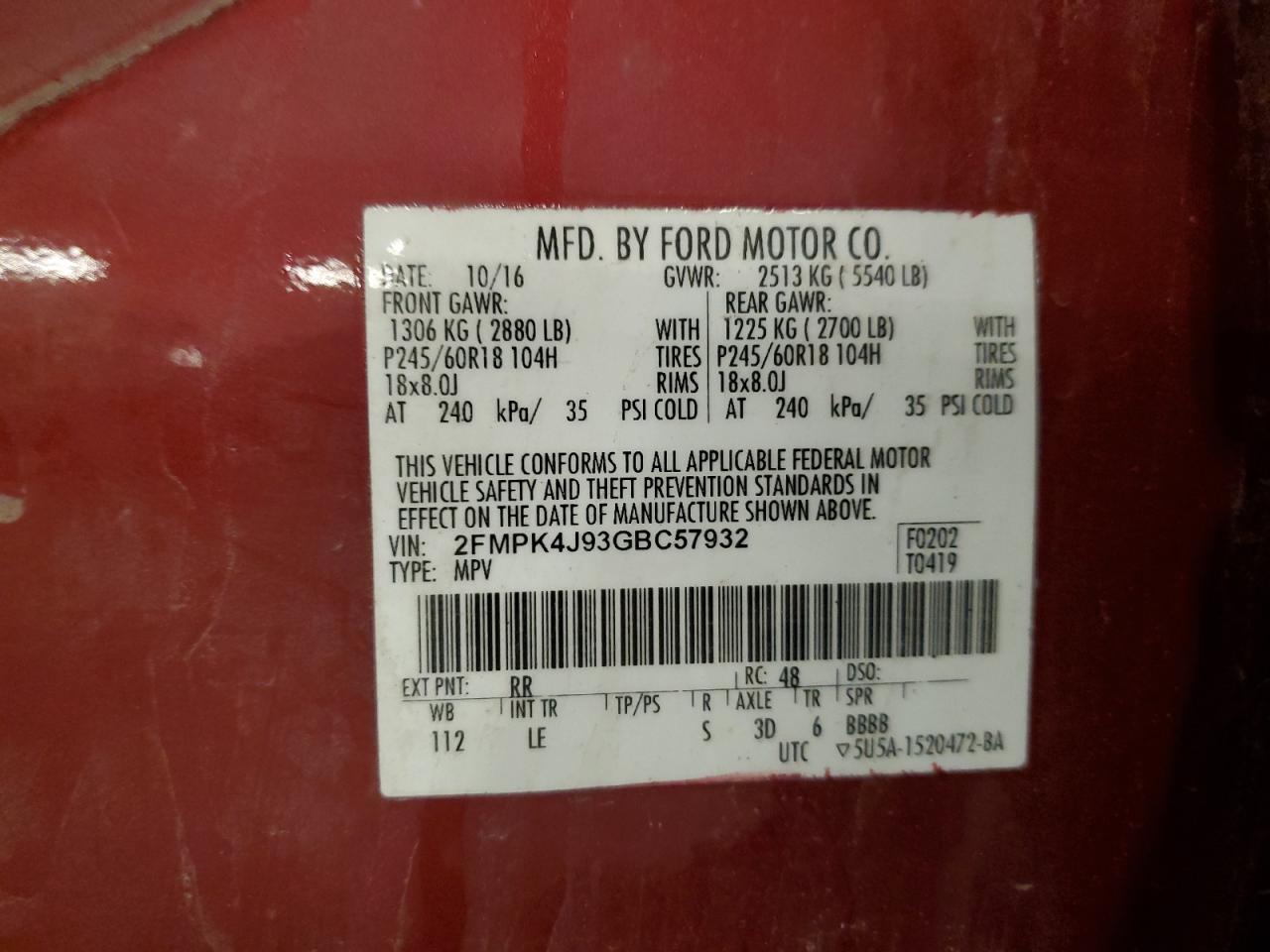 2016 Ford Edge Sel VIN: 2FMPK4J93GBC57932 Lot: 64183405