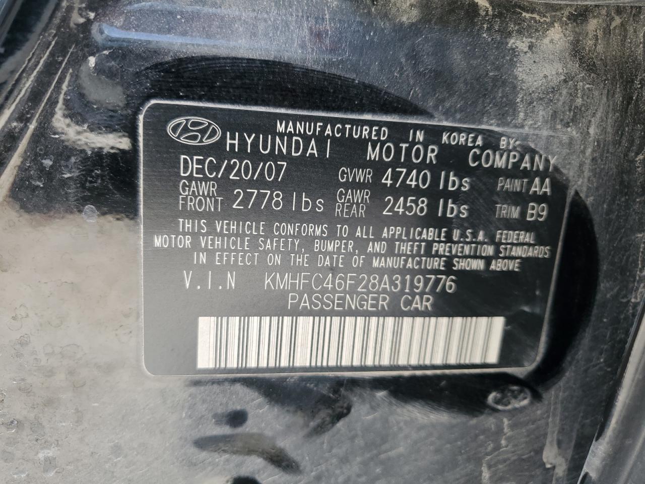 2008 Hyundai Azera Se VIN: KMHFC46F28A319776 Lot: 63757995
