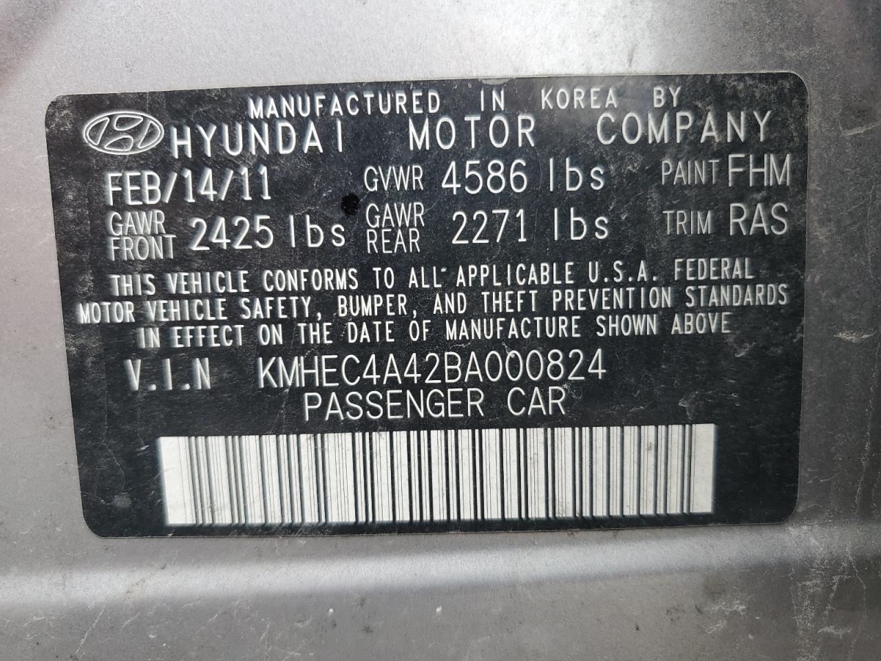 2011 Hyundai Sonata Hybrid VIN: KMHEC4A42BA000824 Lot: 63041725
