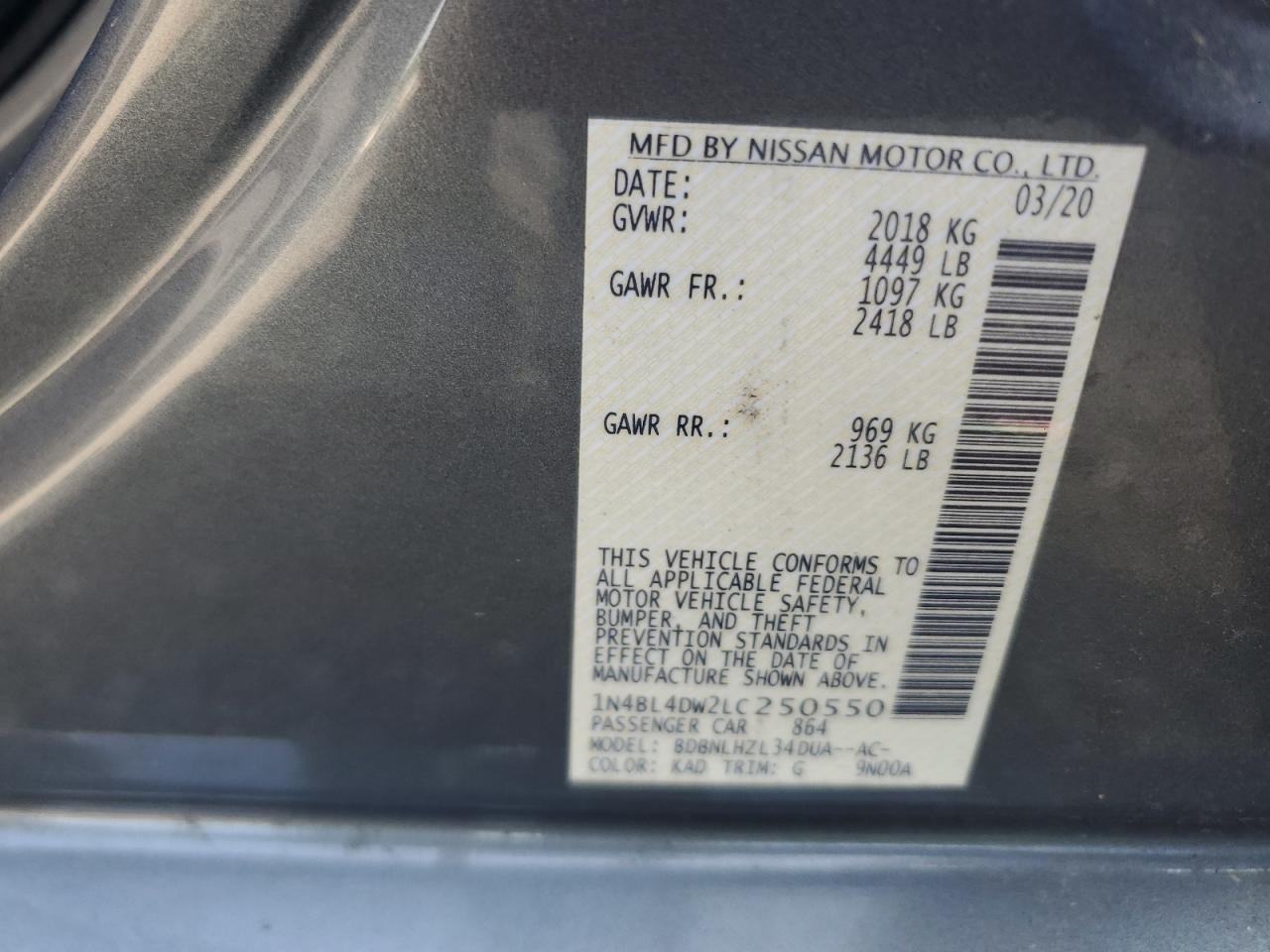 2020 Nissan Altima Sv VIN: 1N4BL4DW2LC250550 Lot: 65197345