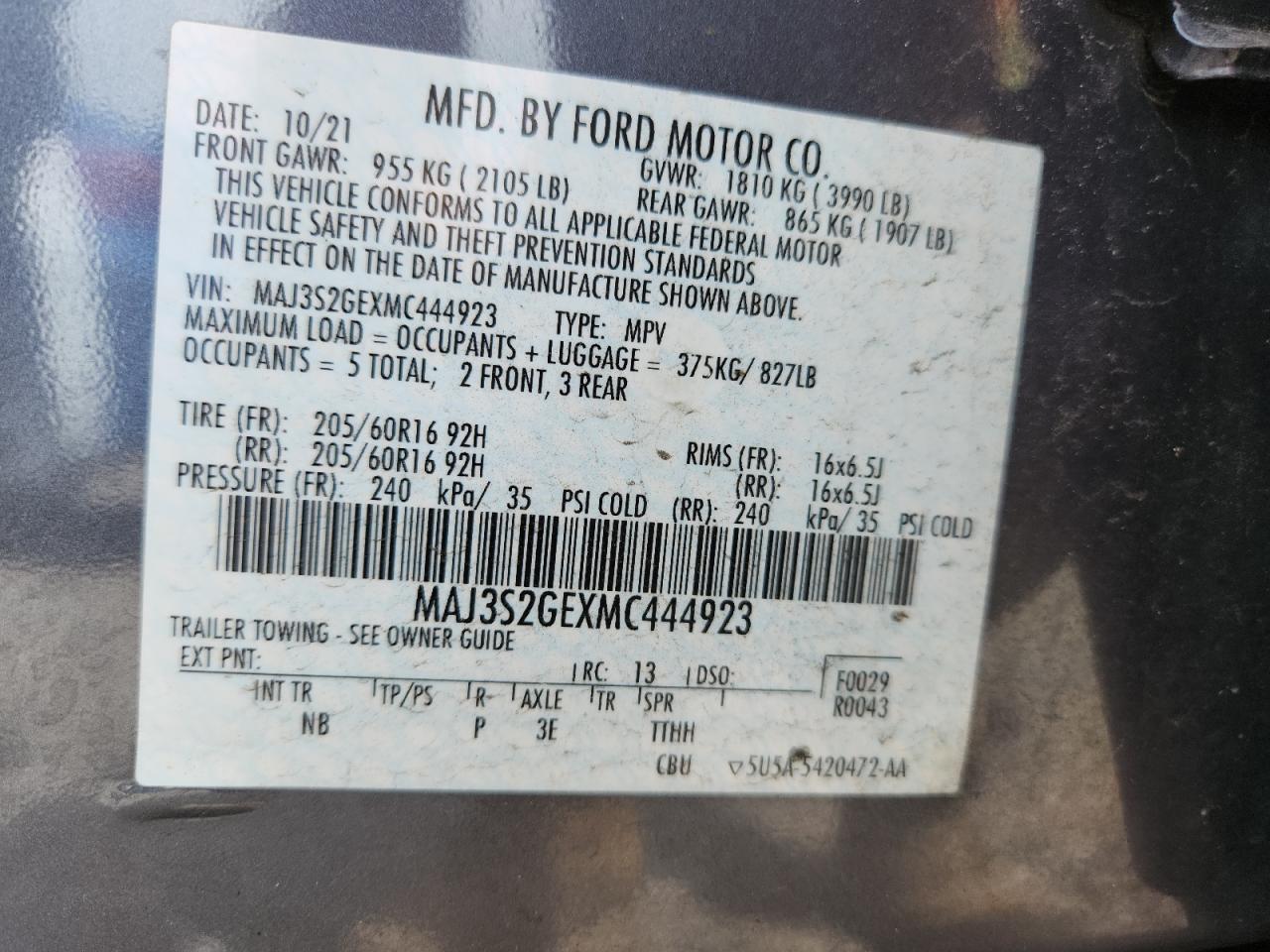 2021 Ford Ecosport Se VIN: MAJ3S2GEXMC444923 Lot: 63260835